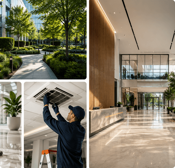 Collage de espacios cuidados por Opera: jardín, oficina, mantenimiento y lobby